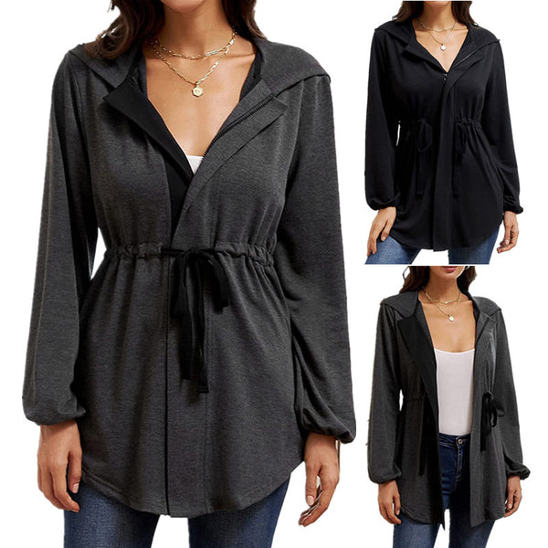 Zip-waisted Lantern Sleeve Loose Hooded Cardigan